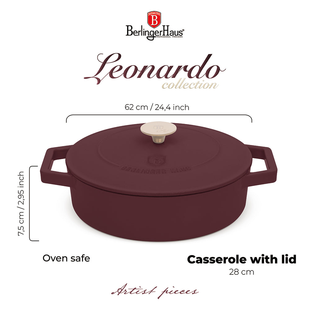 BerlingerHaus Sauté Pan Matte Bordeaux - Cast Iron - ø 26 cm - Suitable for All Heat Sources - Enameled Non-Stick Coating