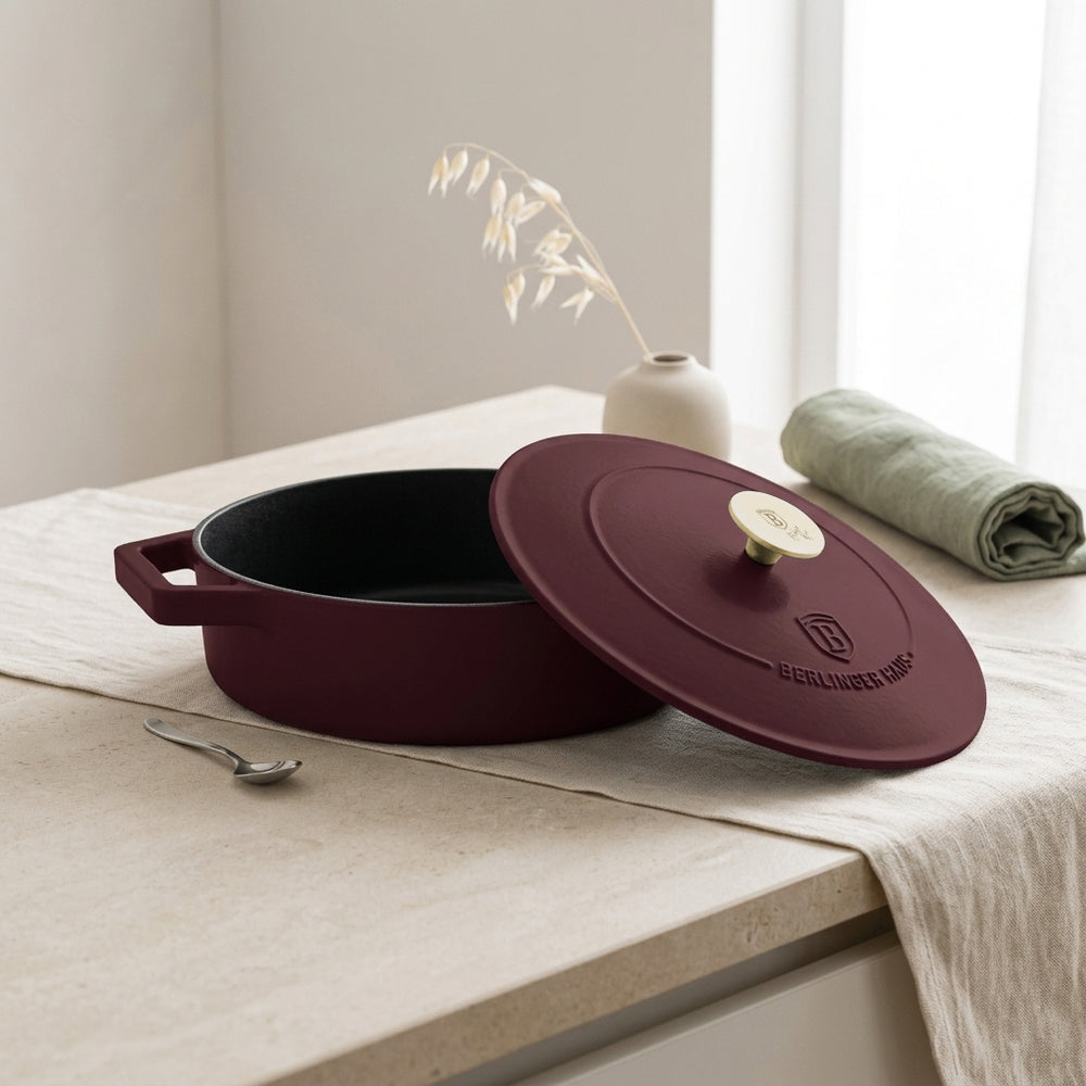 BerlingerHaus Sauté Pan Matte Bordeaux - Cast Iron - ø 26 cm - Suitable for All Heat Sources - Enameled Non-Stick Coating