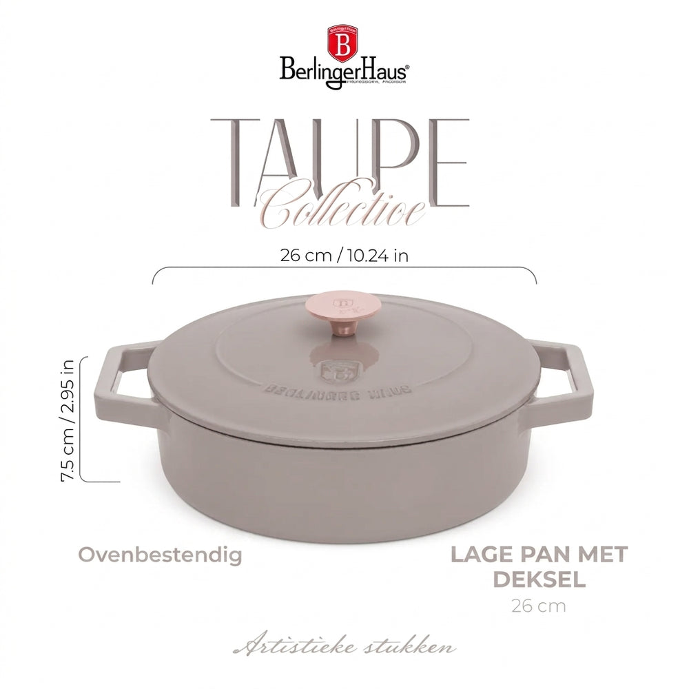 BerlingerHaus Sauté Pan Taupe - Cast Iron - ø 26 cm - Suitable for All Heat Sources - Enameled Non-Stick Coating