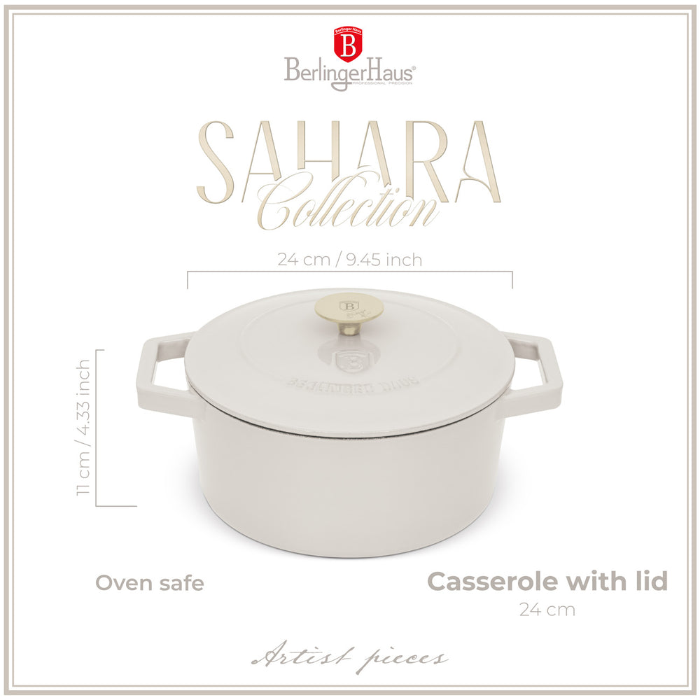 BerlingerHaus Casserole Matte Cream - Cast Iron - ø 24 cm - Suitable for All Heat Sources - Enamelled Non-Stick Coating