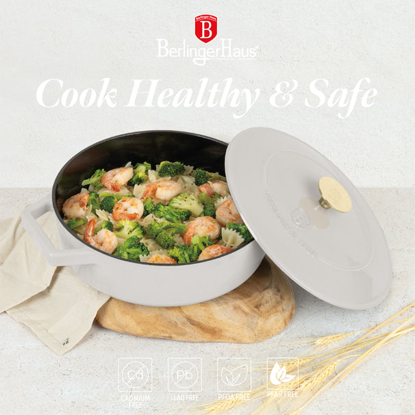 BerlingerHaus Sauté Pan Matte Cream - Cast Iron - ø 26 cm - Suitable for All Heat Sources - Enameled Non-Stick Coating