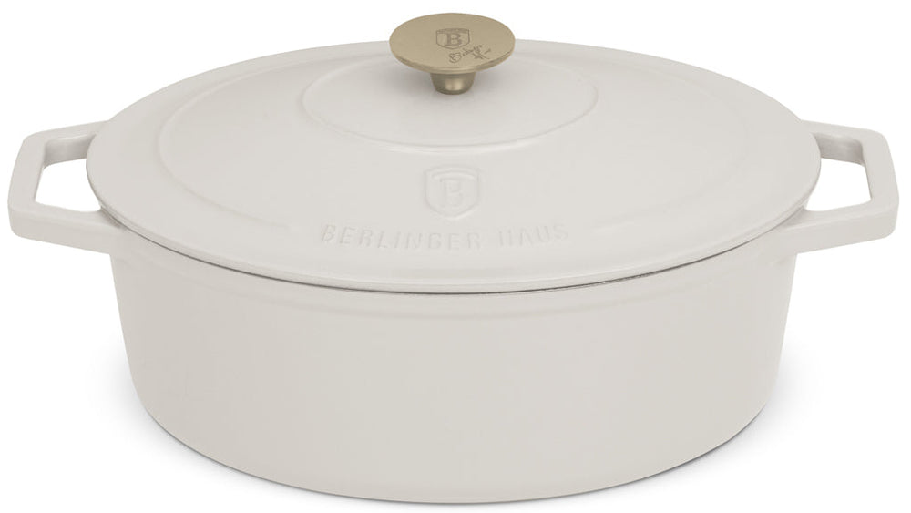 BerlingerHaus Casserole Matte Cream Oval - Cast Iron - 30 x 22 cm - Suitable for All Heat Sources - Enameled Non-Stick Coating