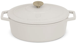 BerlingerHaus Casserole Matte Cream Oval - Cast Iron - 30 x 22 cm - Suitable for All Heat Sources - Enameled Non-Stick Coating