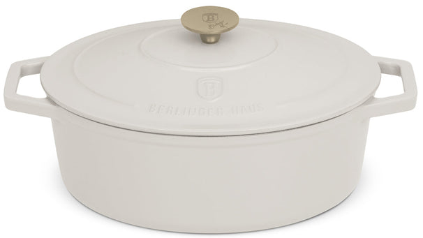 BerlingerHaus Casserole Matte Cream Oval - Cast Iron - 30 x 22 cm - Suitable for All Heat Sources - Enameled Non-Stick Coating