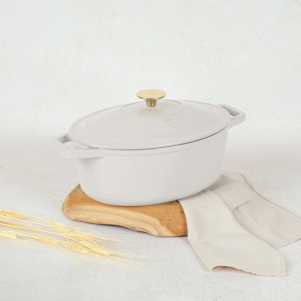 BerlingerHaus Casserole Matte Cream Oval - Cast Iron - 30 x 22 cm - Suitable for All Heat Sources - Enameled Non-Stick Coating