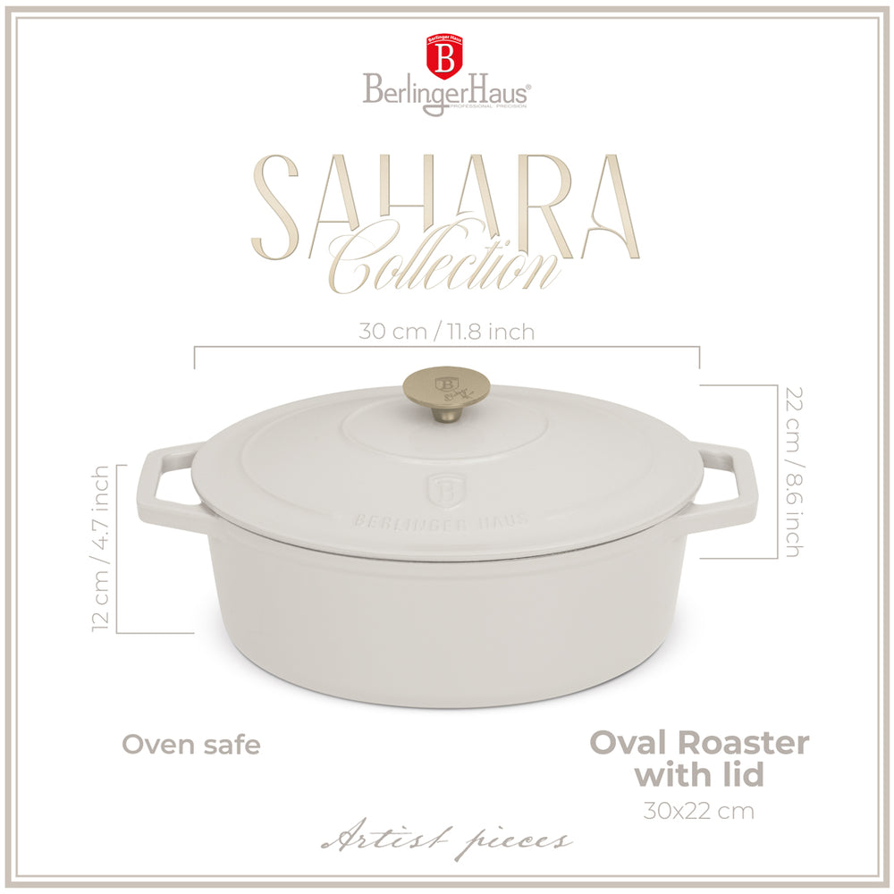 BerlingerHaus Casserole Matte Cream Oval - Cast Iron - 30 x 22 cm - Suitable for All Heat Sources - Enameled Non-Stick Coating