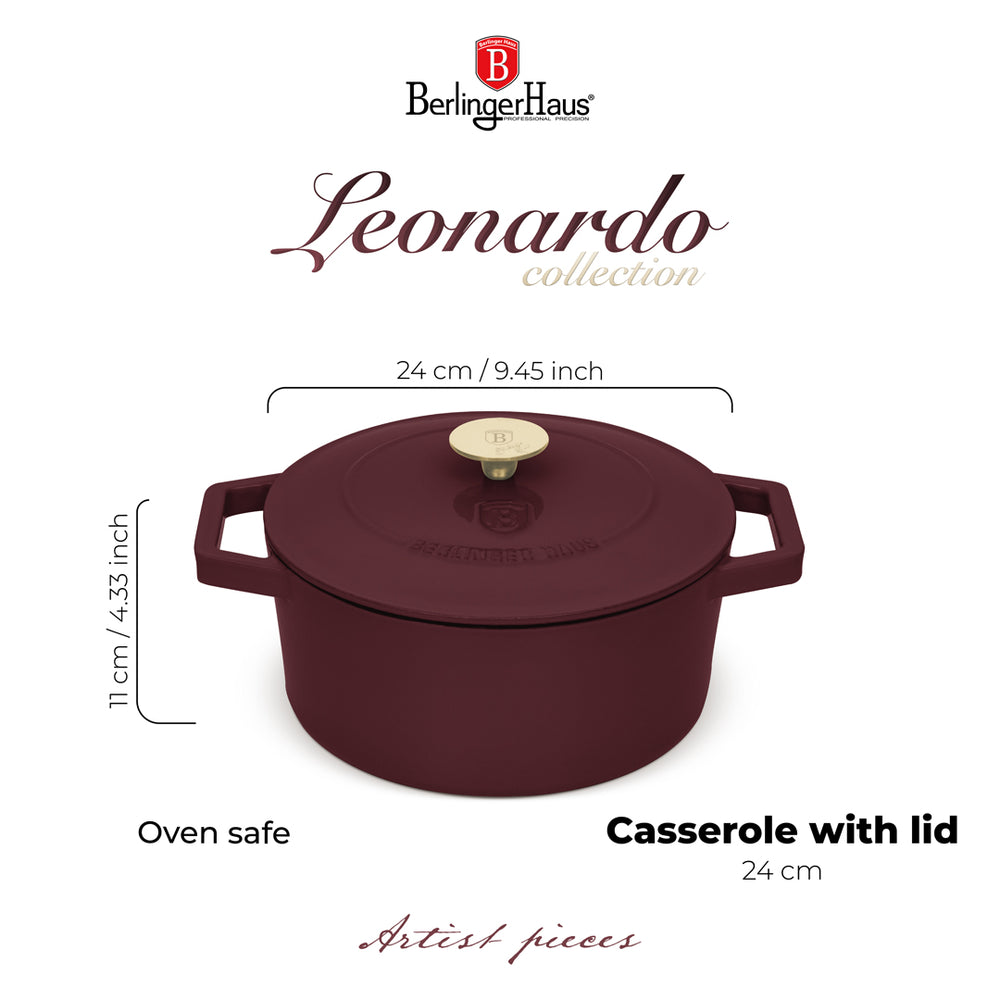 BerlingerHaus Casserole Matte Bordeaux - Cast Iron - ø 24 cm - suitable for all heat sources - enameled non-stick coating