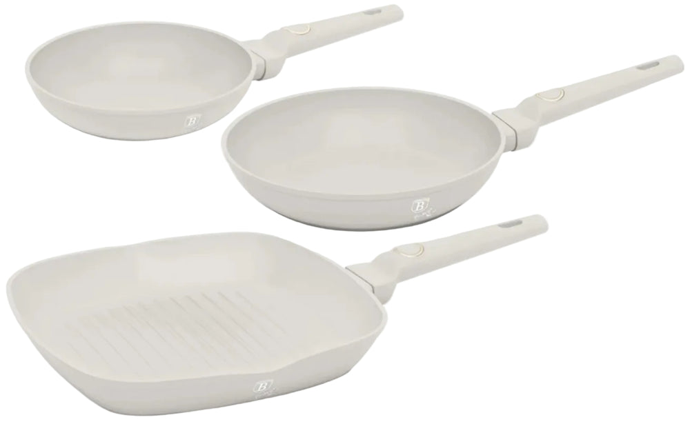 BerlingerHaus Frying Pan Set Matte Cream 3-Piece - Frying Pan ø 20 & 24 cm, Grill Pan 28 cm - Suitable for All Heat Sources