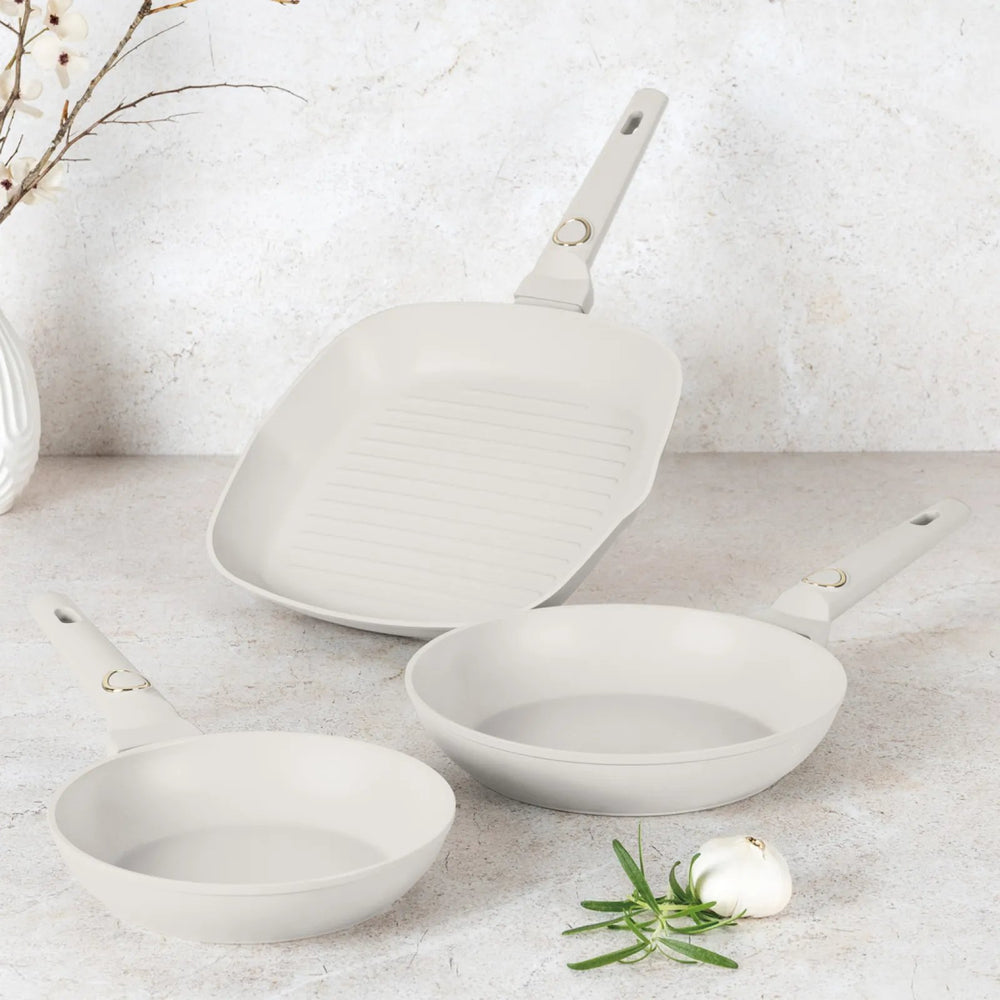 BerlingerHaus Frying Pan Set Matte Cream 3-Piece - Frying Pan ø 20 & 24 cm, Grill Pan 28 cm - Suitable for All Heat Sources
