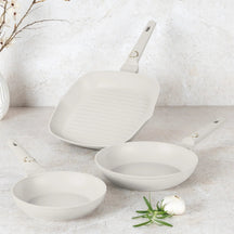 BerlingerHaus Frying Pan Set Matte Cream 3-Piece - Frying Pan ø 20 & 24 cm, Grill Pan 28 cm - Suitable for All Heat Sources