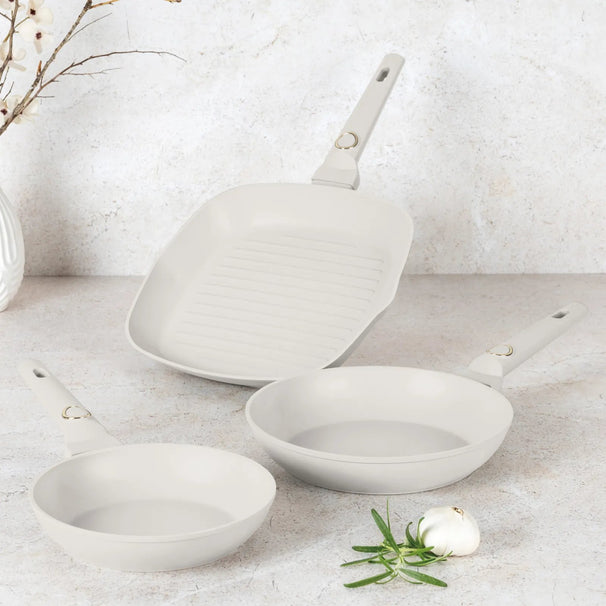 BerlingerHaus Frying Pan Set Matte Cream 3-Piece - Frying Pan ø 20 & 24 cm, Grill Pan 28 cm - Suitable for All Heat Sources