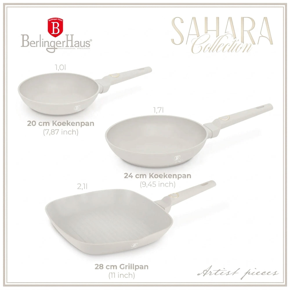 BerlingerHaus Frying Pan Set Matte Cream 3-Piece - Frying Pan ø 20 & 24 cm, Grill Pan 28 cm - Suitable for All Heat Sources