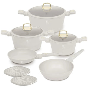 BerlingerHaus Cookware Set Matte Cream 7-Piece - Cooking Pots ø 20, 24, 28 cm & Frying Pans ø 20, 24 cm - Suitable for All Heat Sources