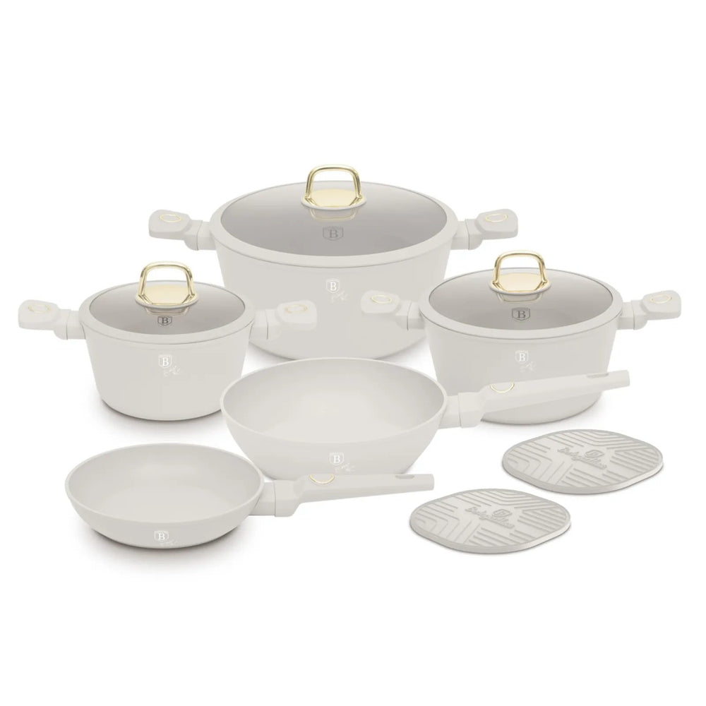 BerlingerHaus Cookware Set Matte Cream 7-Piece - Cooking Pots ø 20, 24, 28 cm & Frying Pans ø 20, 24 cm - Suitable for All Heat Sources