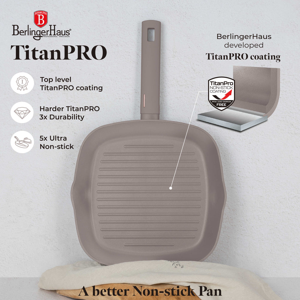 BerlingerHaus Grill Pan Matte Taupe 28 x 28 cm - Suitable for All Heat Sources - Standard Non-Stick Coating