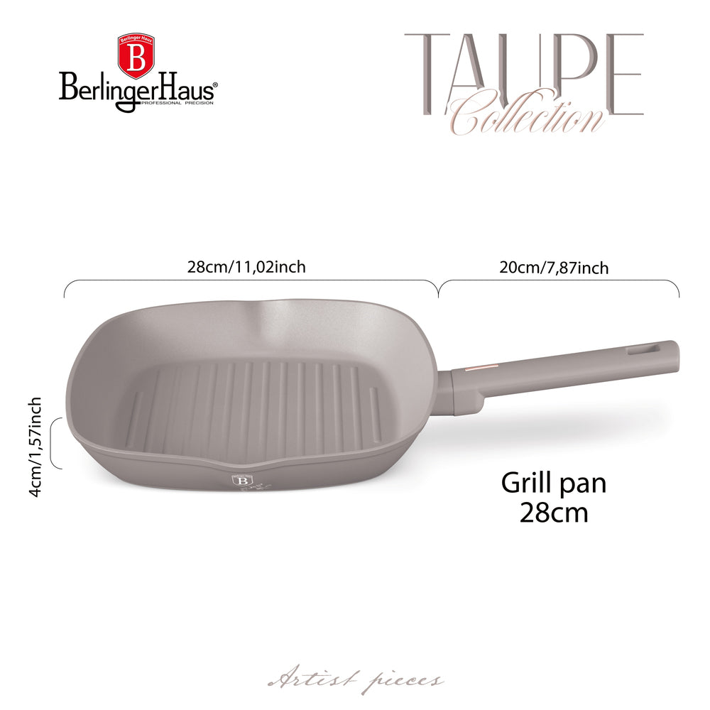 BerlingerHaus Grill Pan Matte Taupe 28 x 28 cm - Suitable for All Heat Sources - Standard Non-Stick Coating
