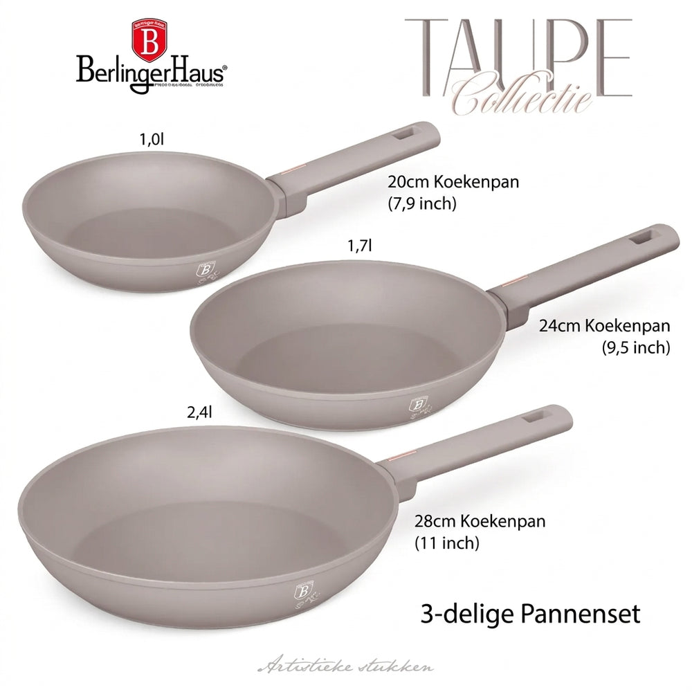 BerlingerHaus Frying Pan Set Taupe 3-Piece - ø 20, 24 & 28 cm - suitable for all heat sources - standard non-stick coating