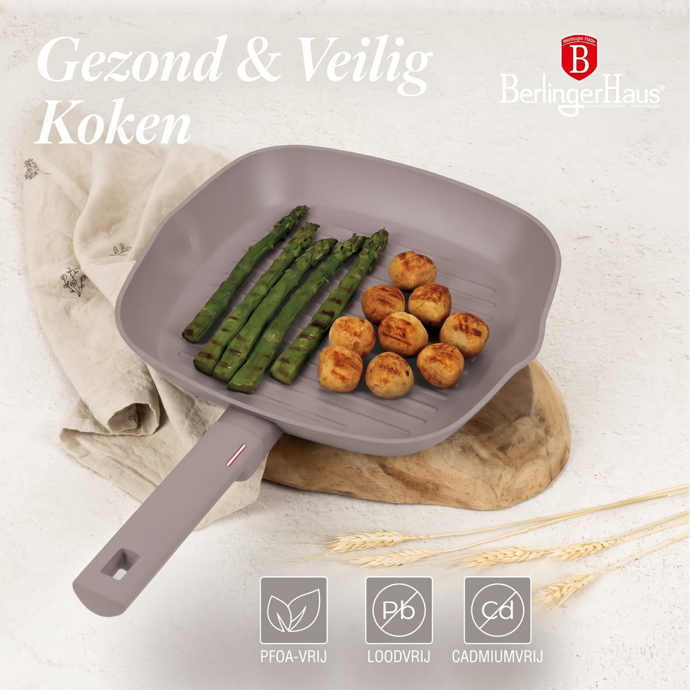 BerlingerHaus Grill Pan Matte Taupe 28 x 28 cm - Suitable for All Heat Sources - Standard Non-Stick Coating