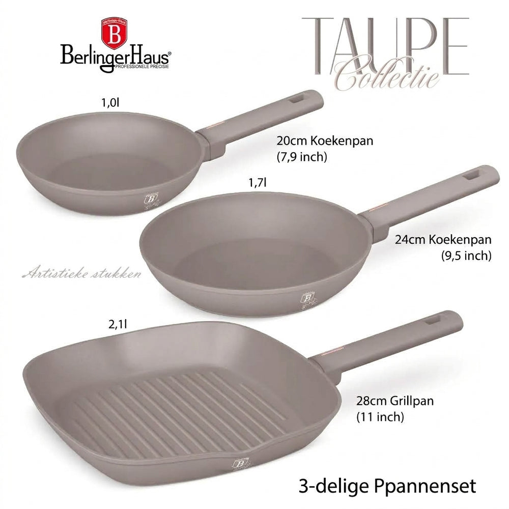 BerlingerHaus Set de Sarten Taupe 3 Piezas - Sartén ø 20 & 24 cm, Parrilla 28 cm - Apta para todas las fuentes de calor