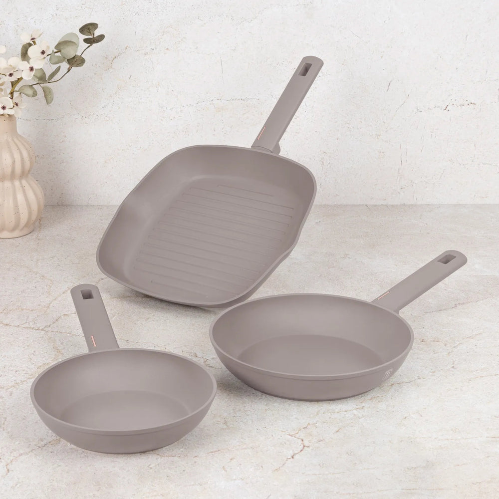 BerlingerHaus Set de Sarten Taupe 3 Piezas - Sartén ø 20 & 24 cm, Parrilla 28 cm - Apta para todas las fuentes de calor