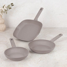BerlingerHaus Set de Sarten Taupe 3 Piezas - Sartén ø 20 & 24 cm, Parrilla 28 cm - Apta para todas las fuentes de calor