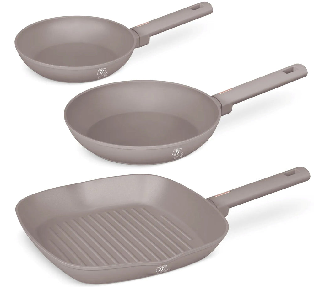 BerlingerHaus Set de Sarten Taupe 3 Piezas - Sartén ø 20 & 24 cm, Parrilla 28 cm - Apta para todas las fuentes de calor