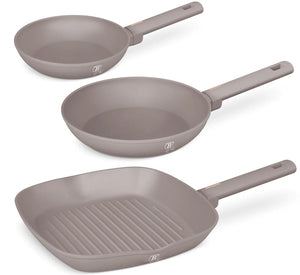 BerlingerHaus Frying Pan Set Taupe 3-Piece - Frying Pan ø 20 & 24 cm, Grill Pan 28 cm - Suitable for All Heat Sources