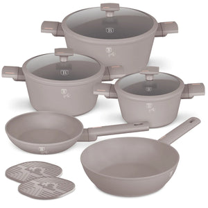 BerlingerHaus Cookware Set Taupe 7-Piece - Cooking Pot Ø 20, 24, 28 cm & Frying Pan Ø 20, 24 cm - Suitable for All Heat Sources