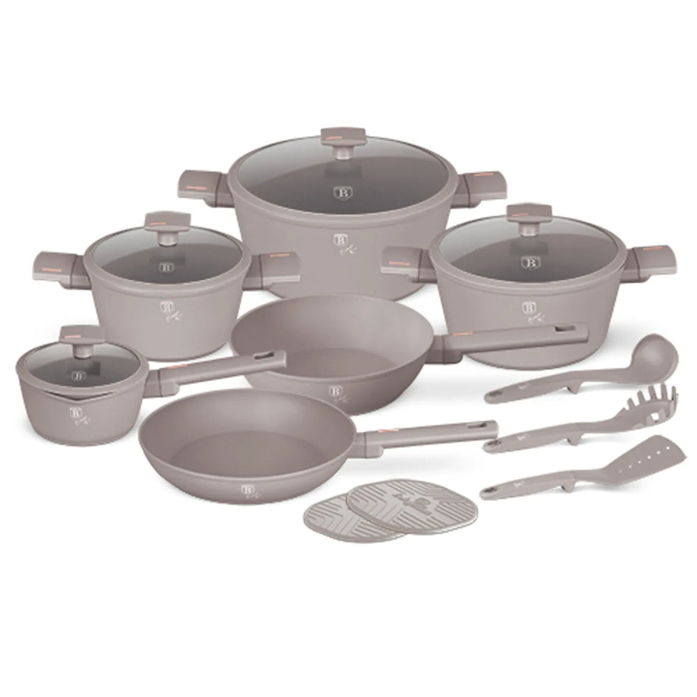 BerlingerHaus Cookware Set Taupe 11-Piece - Cooking Pots ø 20, 24, 28 cm, Frying Pan ø 24, 28 cm & Saucepan ø 16 cm - Suitable for All Heat Sources