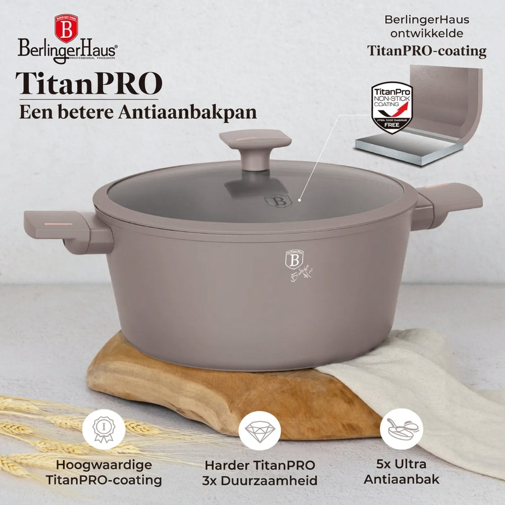 BerlingerHaus Cookware Set Taupe 11-Piece - Cooking Pots ø 20, 24, 28 cm, Frying Pan ø 24, 28 cm & Saucepan ø 16 cm - Suitable for All Heat Sources