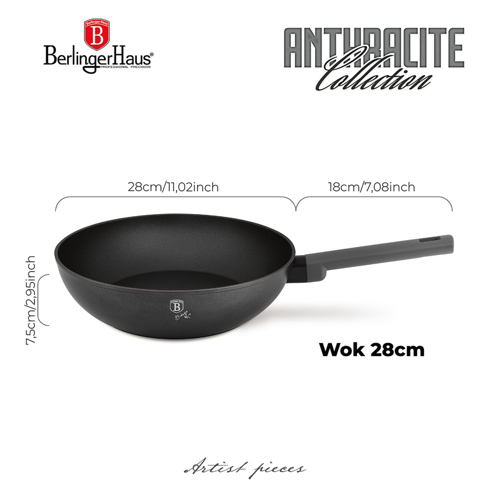 BerlingerHaus Wok Pan Matte Anthracite ø 28 cm - suitable for all heat sources - standard non-stick coating
