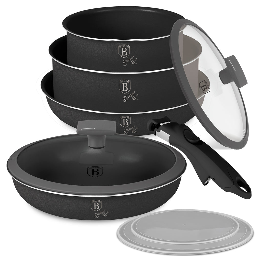BerlingerHaus Cookware Set Click-it Matte Anthracite 6-piece - Cooking Pot ø 16 & 20 cm, Frying Pan ø 20 & 24 cm - Suitable for All Heat Sources