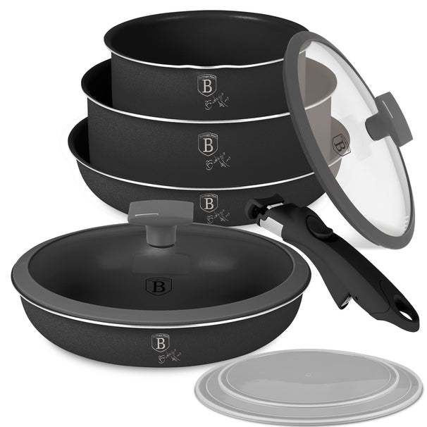 BerlingerHaus Cookware Set Click-it Matte Anthracite 6-piece - Cooking Pot ø 16 & 20 cm, Frying Pan ø 20 & 24 cm - Suitable for All Heat Sources
