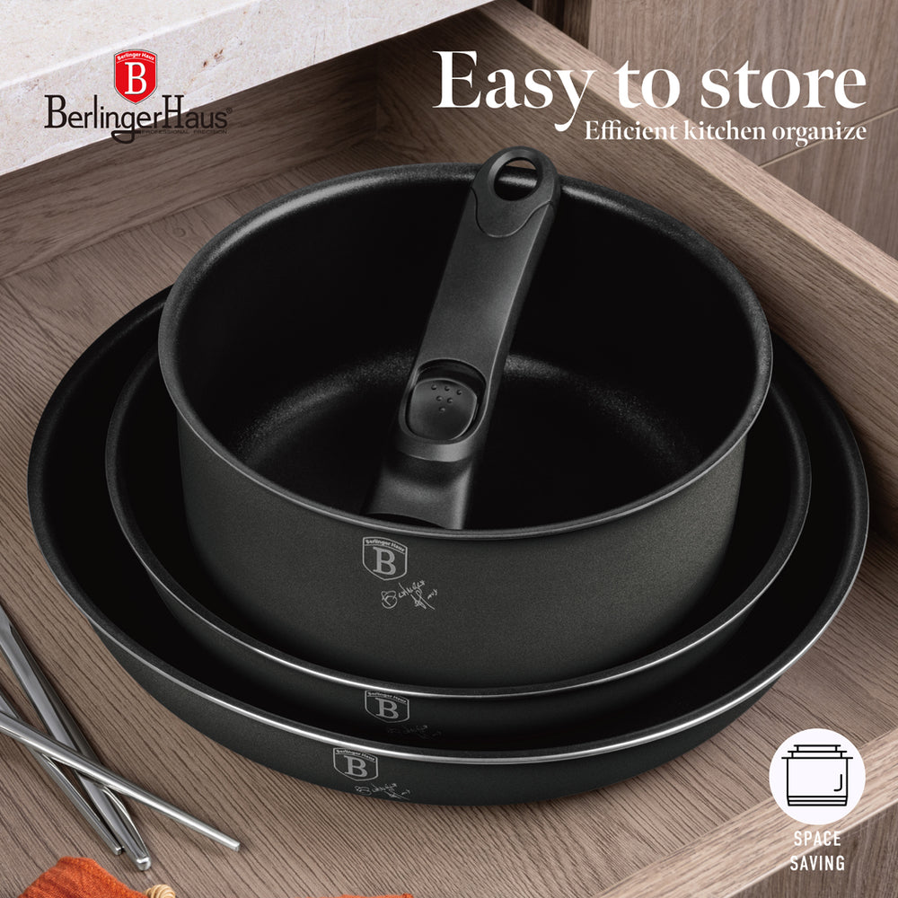 BerlingerHaus Cookware Set Click-it Matte Anthracite 6-piece - Cooking Pot ø 16 & 20 cm, Frying Pan ø 20 & 24 cm - Suitable for All Heat Sources