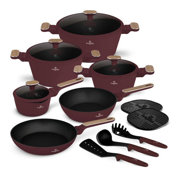 BerlingerHaus Set de Sartenes Nordic Mat Burdeos 11 Piezas - Cacerola ø 20, 24, 28 cm, Sartén ø 24, 28 cm & Cacerola ø 16 cm - Apta para todas las fuentes de calor