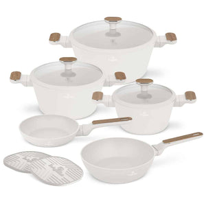 BerlingerHaus Cookware Set Nordic Mat Crème 7-Piece - Cooking Pot ø 20, 24, 28 cm & Frying Pan ø 20, 24 cm - Suitable for All Heat Sources