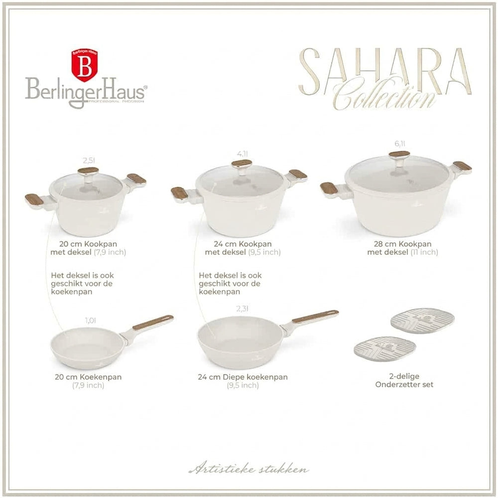 BerlingerHaus Cookware Set Nordic Mat Crème 7-Piece - Cooking Pot ø 20, 24, 28 cm & Frying Pan ø 20, 24 cm - Suitable for All Heat Sources