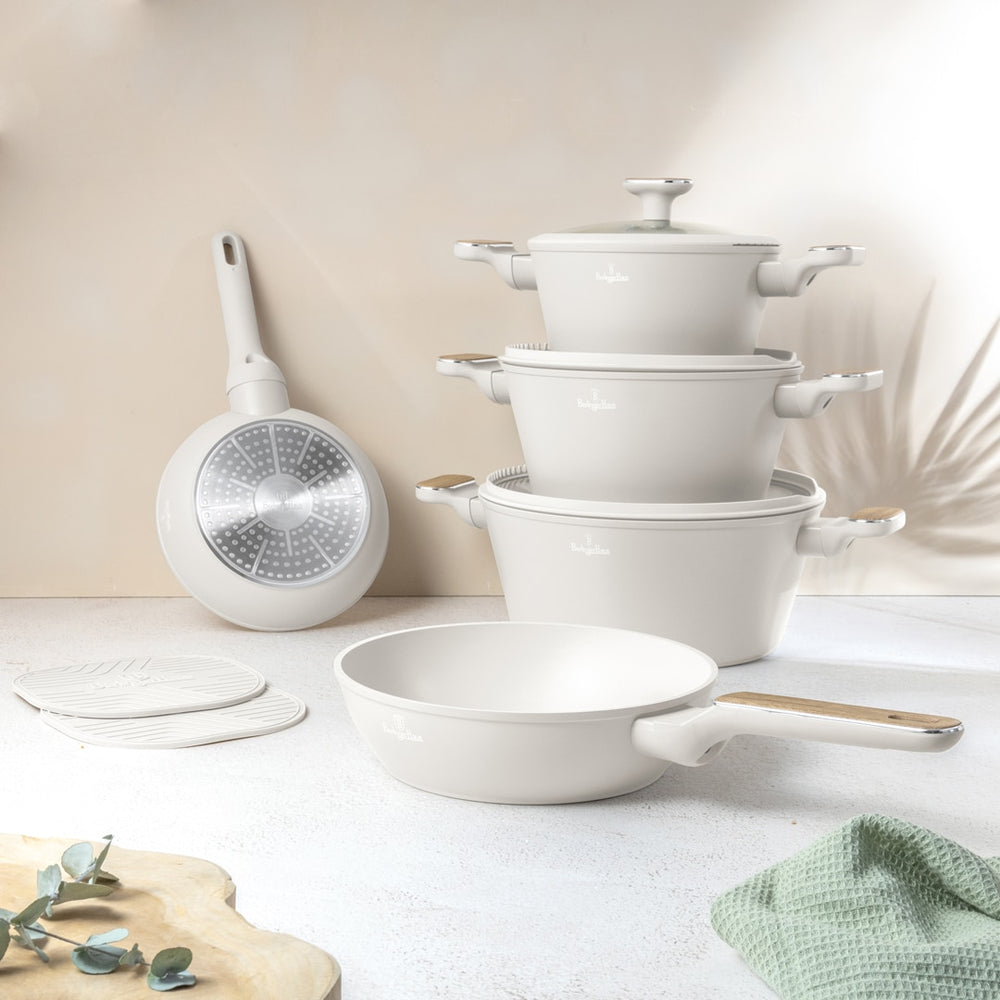 BerlingerHaus Cookware Set Nordic Mat Crème 7-Piece - Cooking Pot ø 20, 24, 28 cm & Frying Pan ø 20, 24 cm - Suitable for All Heat Sources