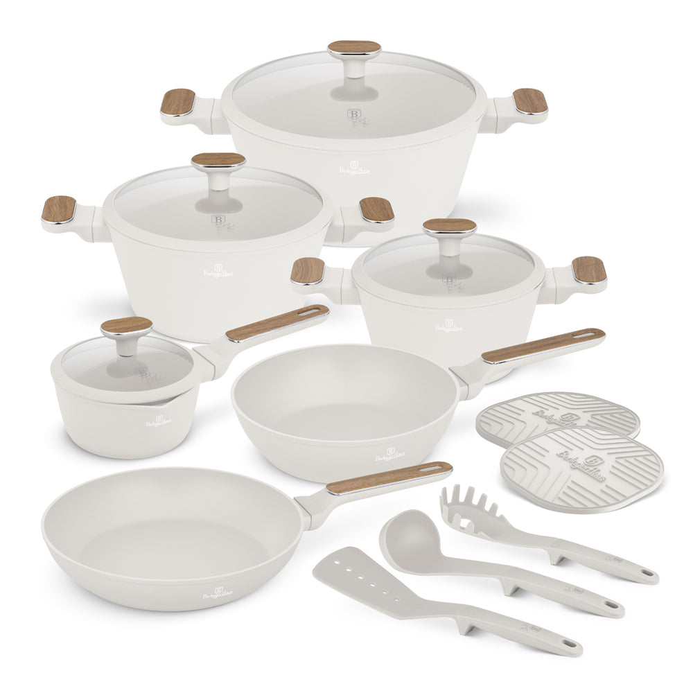BerlingerHaus Cookware Set Nordic Matte Cream 11-Piece - Cooking Pot ø 20, 24, 28 cm, Frying Pan ø 24, 28 cm & Saucepan ø 16 cm - Suitable for All Heat Sources