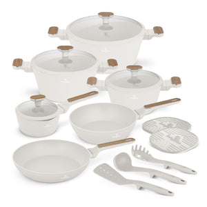 BerlingerHaus Cookware Set Nordic Matte Cream 11-Piece - Cooking Pot ø 20, 24, 28 cm, Frying Pan ø 24, 28 cm & Saucepan ø 16 cm - Suitable for All Heat Sources