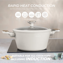BerlingerHaus Cookware Set Nordic Matte Cream 11-Piece - Cooking Pot ø 20, 24, 28 cm, Frying Pan ø 24, 28 cm & Saucepan ø 16 cm - Suitable for All Heat Sources