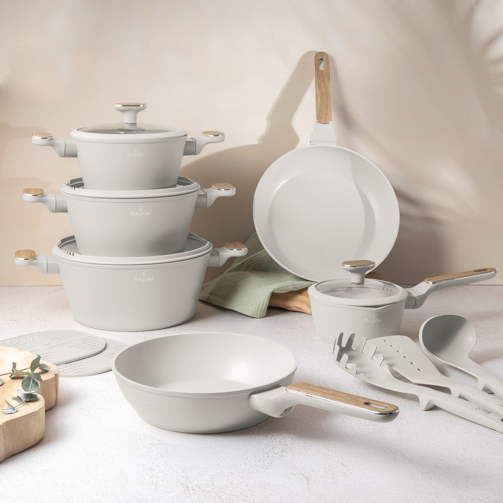 BerlingerHaus Cookware Set Nordic Matte Cream 11-Piece - Cooking Pot ø 20, 24, 28 cm, Frying Pan ø 24, 28 cm & Saucepan ø 16 cm - Suitable for All Heat Sources