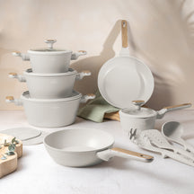 BerlingerHaus Cookware Set Nordic Matte Cream 11-Piece - Cooking Pot ø 20, 24, 28 cm, Frying Pan ø 24, 28 cm & Saucepan ø 16 cm - Suitable for All Heat Sources