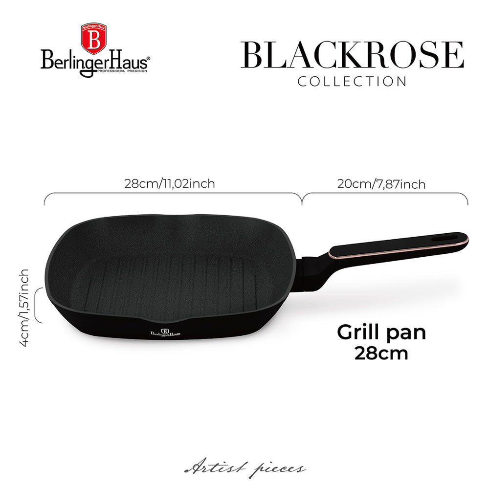 BerlingerHaus Grill Pan Black Rose Gold 28 x 28 cm - suitable for all heat sources - standard non-stick coating