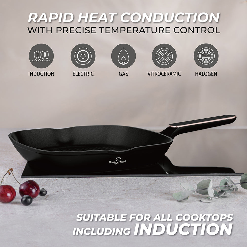 BerlingerHaus Grill Pan Black Rose Gold 28 x 28 cm - suitable for all heat sources - standard non-stick coating