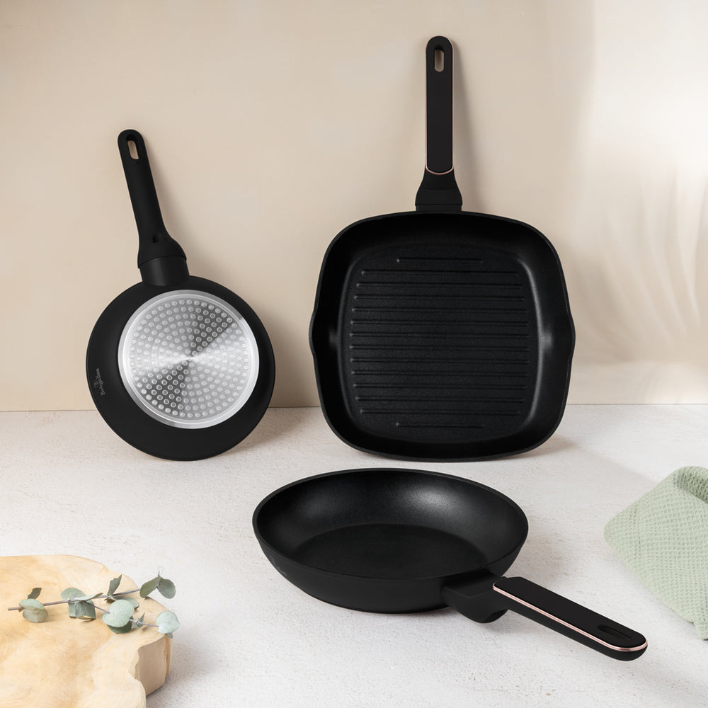 BerlingerHaus Set de Sartenes Negras y Rosadas 3 Piezas - ø 20, 24 & 28 cm - apto para todas las fuentes de calor - recubrimiento antiadherente estándar