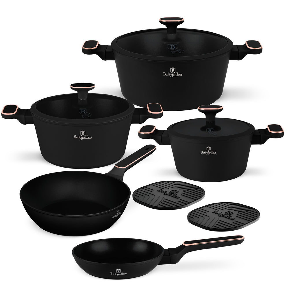 BerlingerHaus Cookware Set Black Rose Gold 7-Piece - Cooking Pot ø 20, 24, 28 cm & Frying Pan ø 20, 24 cm - Suitable for All Heat Sources
