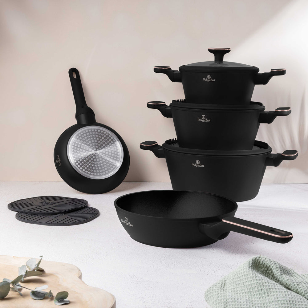 BerlingerHaus Cookware Set Black Rose Gold 7-Piece - Cooking Pot ø 20, 24, 28 cm & Frying Pan ø 20, 24 cm - Suitable for All Heat Sources
