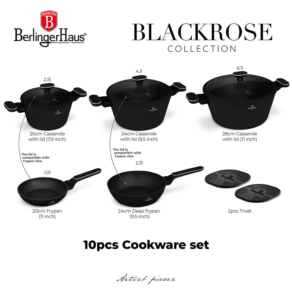 BerlingerHaus Cookware Set Black Rose Gold 7-Piece - Cooking Pot ø 20, 24, 28 cm & Frying Pan ø 20, 24 cm - Suitable for All Heat Sources