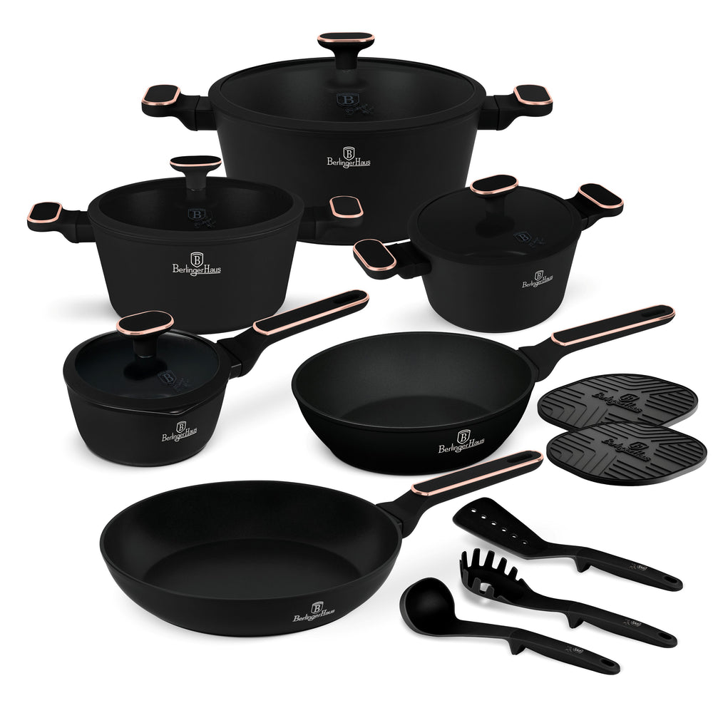 BerlingerHaus Cookware Set Black Rose Gold 11-Piece - Cooking Pot ø 20, 24, 28 cm, Frying Pan ø 24, 28 cm & Saucepan ø 16 cm - Suitable for All Heat Sources